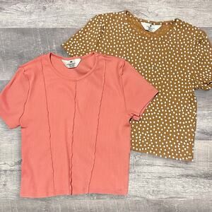 H&M Girls Set of Ribbed Crop Top Tees XL 16/18 Brown Pink Floral Short Sleeve